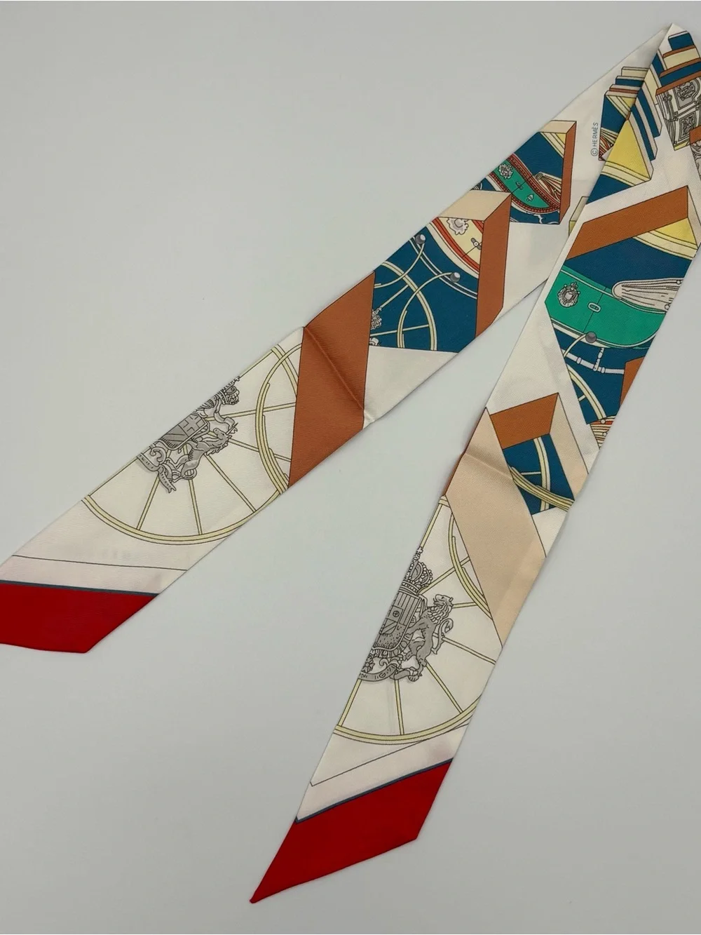 Hermes Springs Springs Twilly Scarf Ivory Red Blue Green Carriage Wheel Ribbon